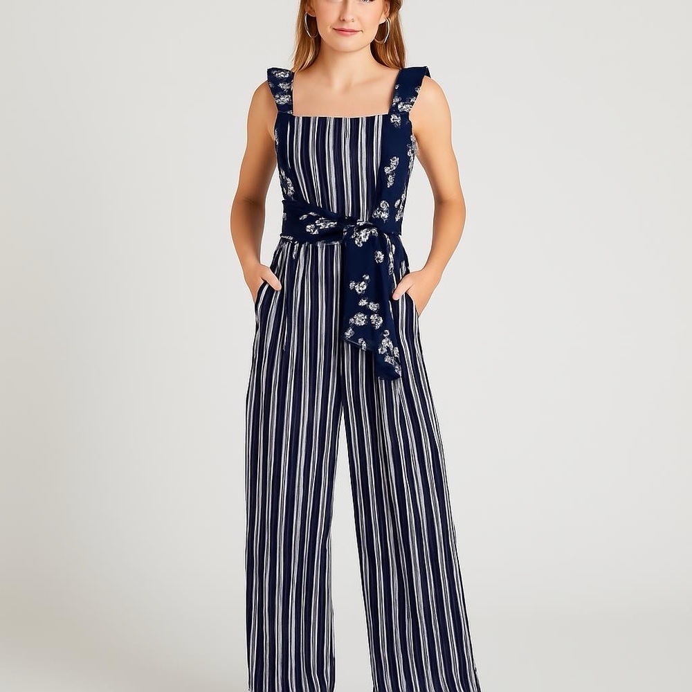 Altar'd State Navy and White Striped Maxi Jumpsuit with Floral Tie